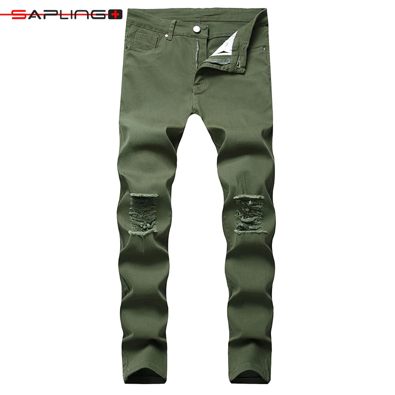 

Новинка 2022, мужские джинсы в европейском и американском стиле, облегающие прямые джинсовые брюки с несколькими отверстиями красного, армей...