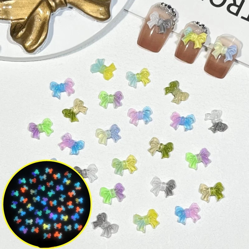 

50pcs 8X10mm Luminous Nail Charms Accessory Glow In The Dark Resin Flatback Ornament Bownot Nail Art Decoration DIY 3D Crafts