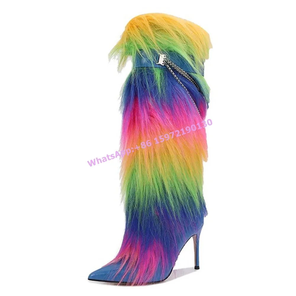 Длинные зимние ботинки на меху с металлической цепочкой и поясом острый носок