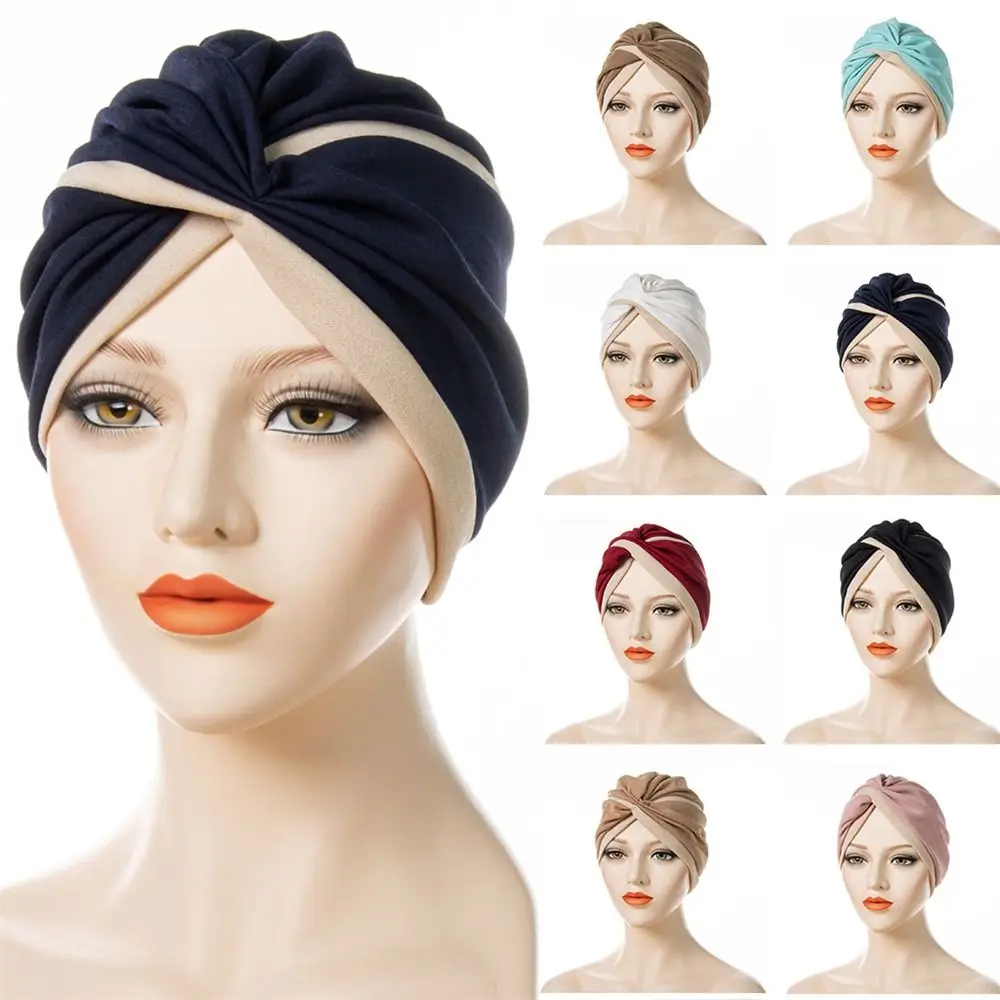 

Fashion Women Muslim Hat Twisted Indian Hats Two Color Stitched Forehead Cross Folded Muslim Hijab Ladies Pleated Hijab Hat
