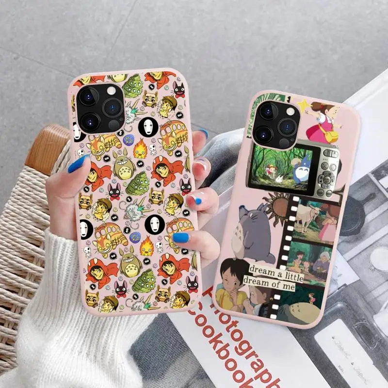 

Cute Totoro Miyazaki Anime No Face Phone Case for iPhone 11 12 13 Mini Pro Xs Max 8 7 6 6S Plus X XR Solid Candy Color Case