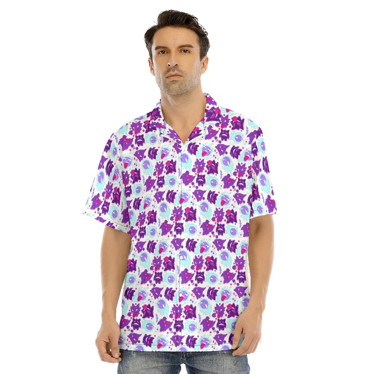 New Anime Print Gengar Shirt for Men and Women Hawaiian Casual Style Kawaii Short Sleeve Button Up Summer Shirts