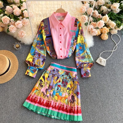 Women Fashion Luxury Print Shirt Top + Pleated Mini Skirt New 2021 Spring Autumn Vintage Long Sleeve Buttons Party 2 Piece Sets