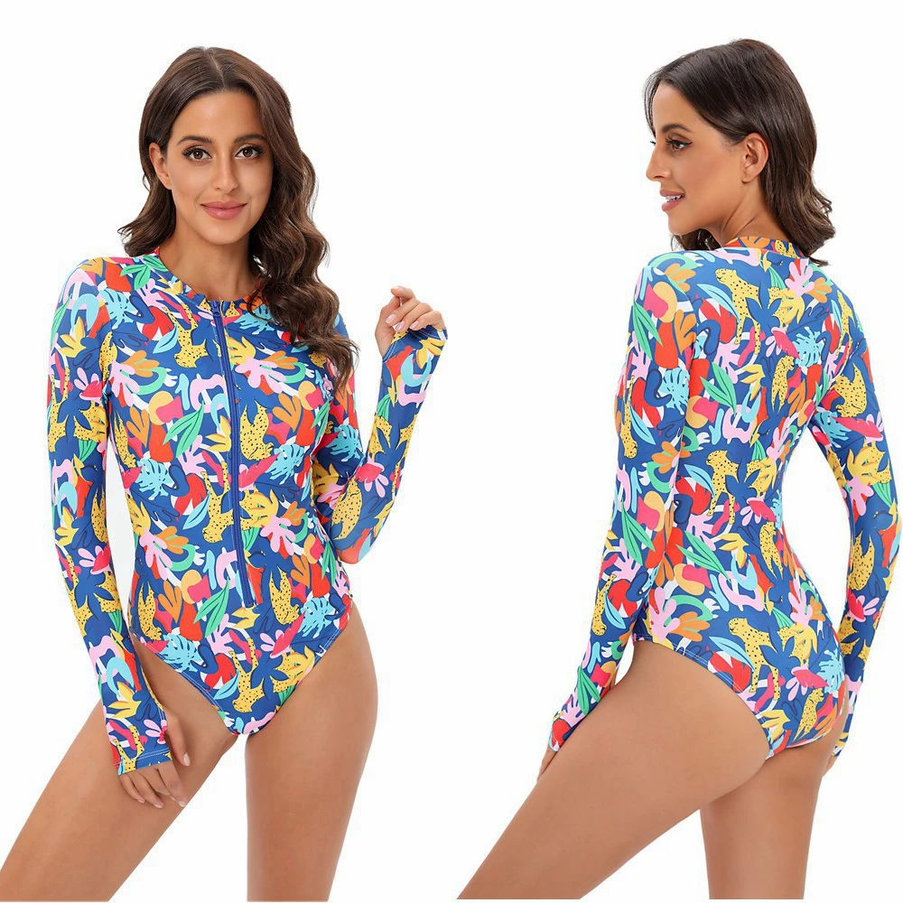 

Floral Boysuit Long Sleeve Women Swimsuit Casual Zipper Bath Suit Fashion Women's Swimsuits Leisure Beach Bathing Suit Bodycon