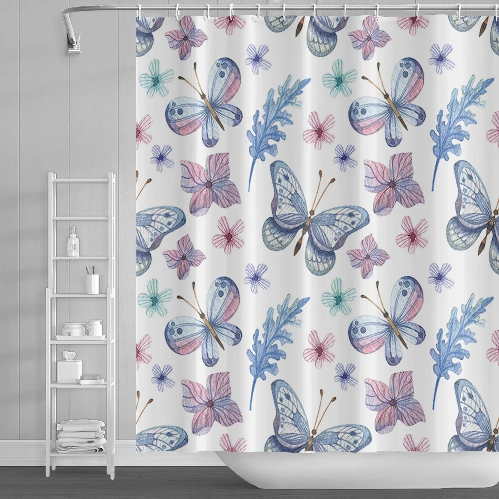 

Flower Butterfly Shower Curtains Floral Plant Spring Scenery Home Bathroom Decor Waterproof Polyester Fabric Bathtub Curtain