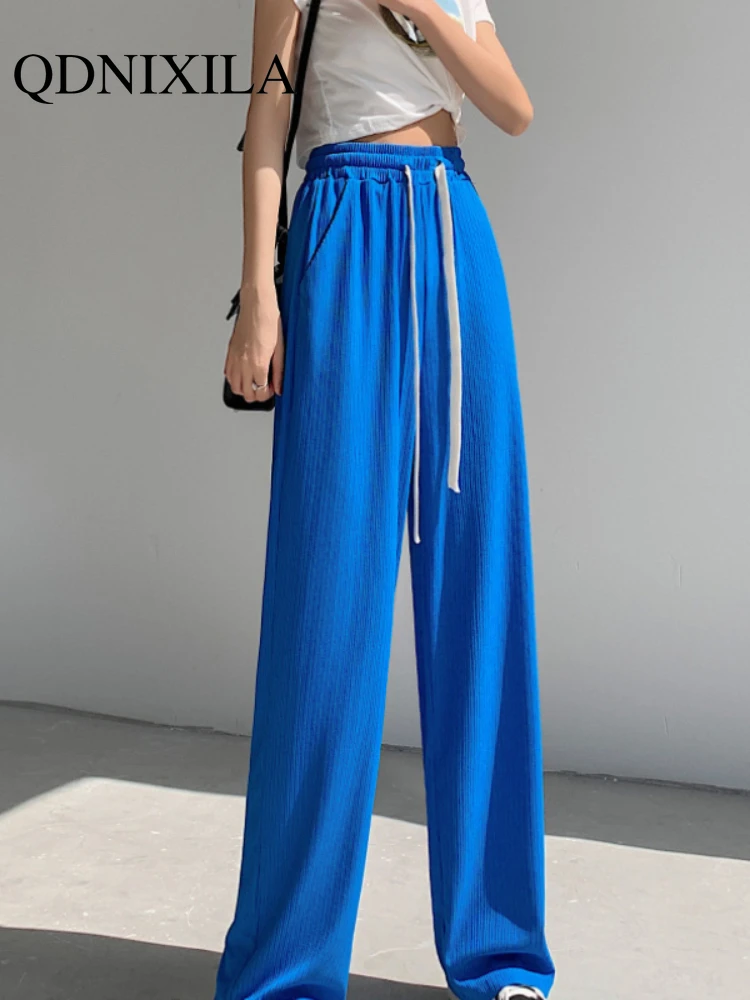 

Брюки женские из вискозы, Элегантные Свободные повседневные штаны с широкими штанинами, на шнуровке, с завышенной талией, в складку, зеленые...