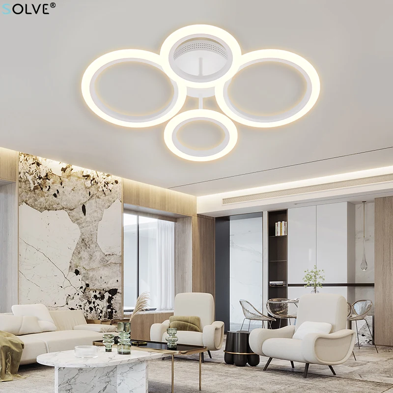 SOLVE Modern Chandelier 4 Rings 48W Dimming Remote Control LED Ceiling Lights for Living Room Bedroom Kitchen Decoration Fixture