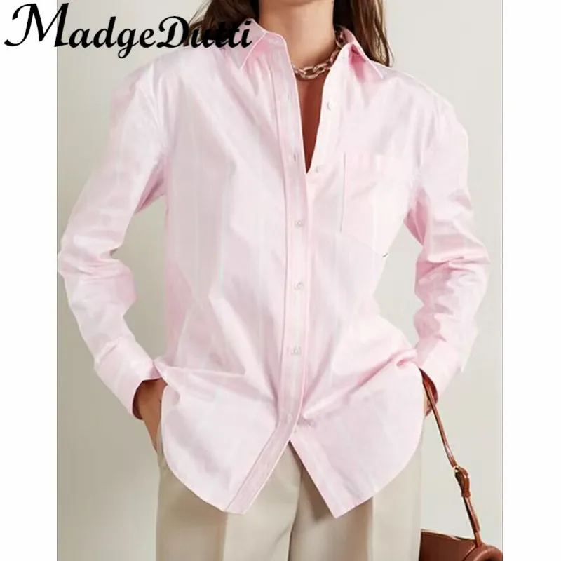 12.12 MadgeDutti Temperament Fashion Striped Lapel Single Breasted Loose Cotton Shirt Women