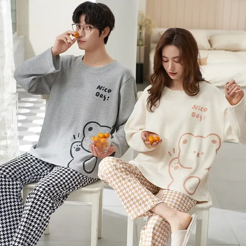 

Round Pajamas Winter Nightwear Pure Couple Set Lover Sweet Cotton Autumn Suit Print Neck Sleeve Pyjamas Men Bear Long 2piece