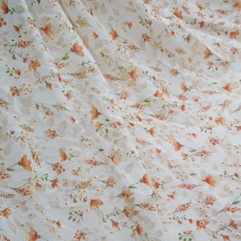 

Soft Flower Printed Chiffon Fabric Eyelet Floral Embroidery Chiffon Lace Fabric for Dress,Shirts,By the Yard