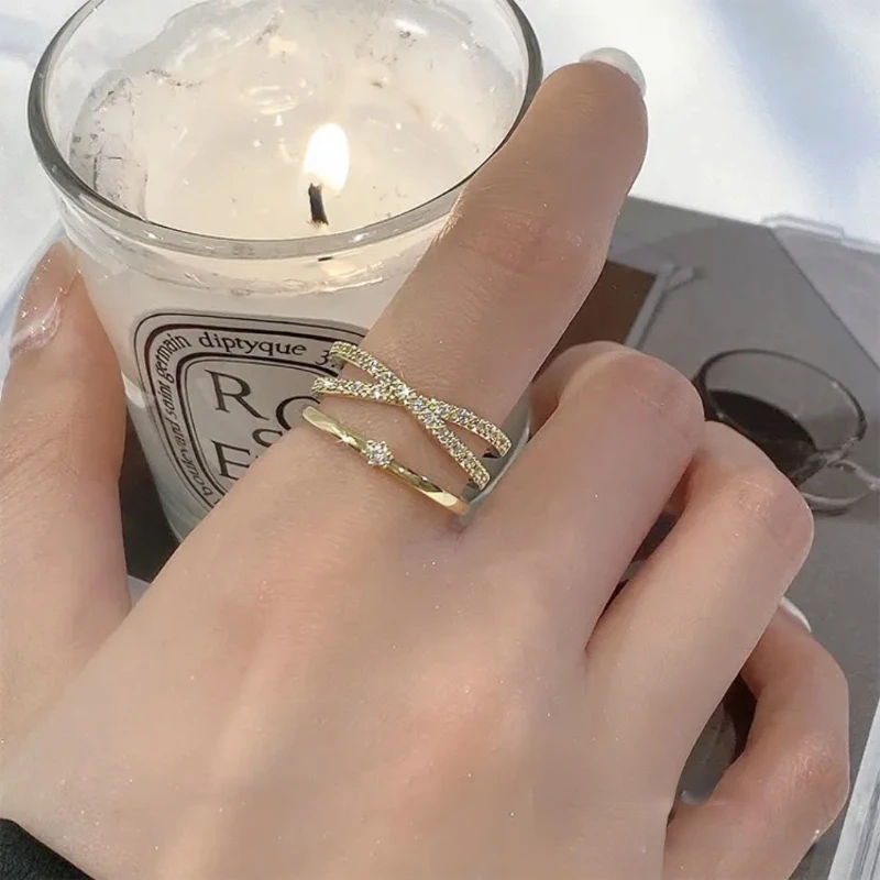 

POPACC Zircon Metal Cross Gold Open Ring Gothic Ladies Jewelry Korea Fashion Accessories Girls Luxury Ring Set