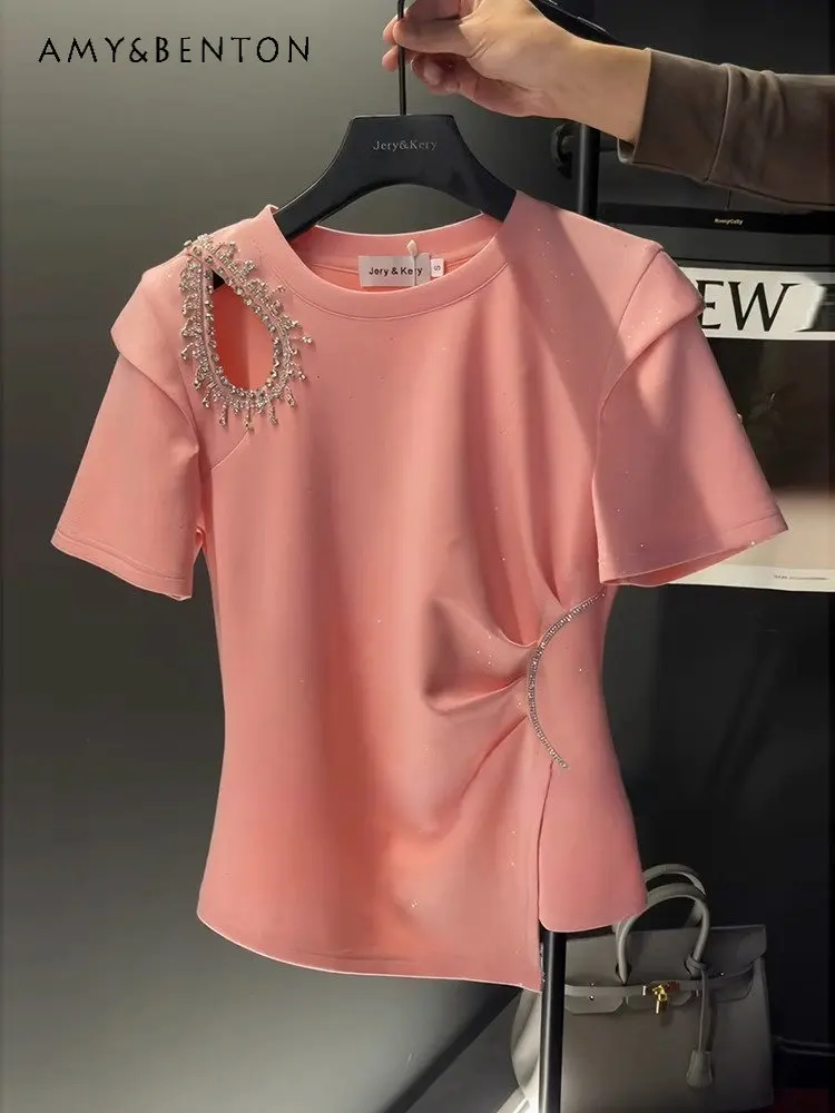 

French Style High-Grade Exquisite Rhinestone Short-Sleeved T-shirt for Women 2023 Summer New Age-Reducing Loose Tops Tees