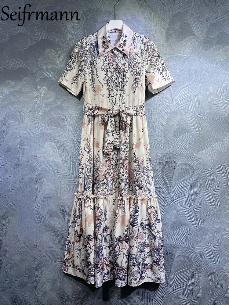 Seifrmann High Quality Summer Women Fashion Runway Long Dress Short Sleeve With Belt Flower Printed Vintage Shirts Style Dresses