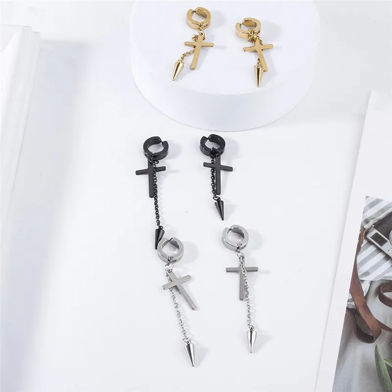 Fashion Punk Cross Tassel Pendant Earrings Stainless Steel Classic Geometric Charms Clip Ear Jewelry Party Gifts For Women Men images - 6