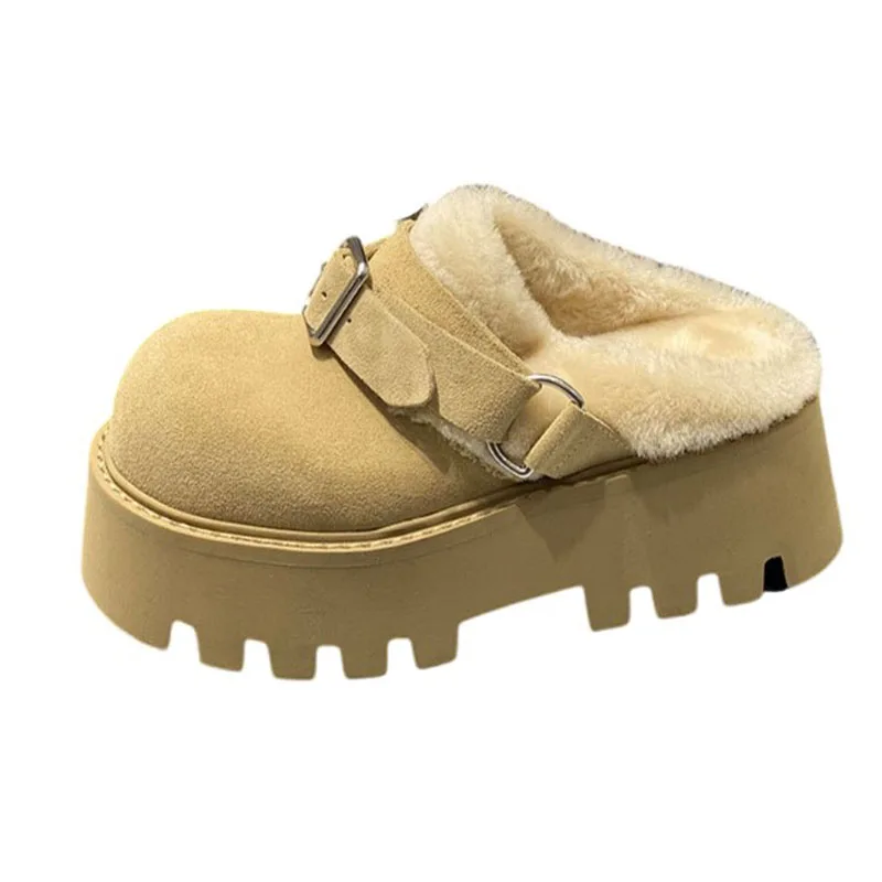 Женские замшевые тапочки на плоской подошве и платформе меховые сабо короткие