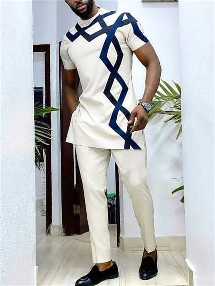 

Men's chic casual white geometric print two-piece set