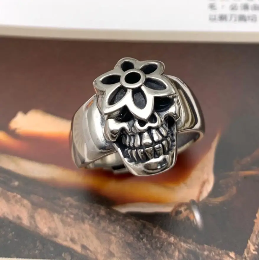 

S925 Sterling Silver Ring Cherry Blossom Classic Skull Retro Opening Personality Jewelry Gifts for Lovers