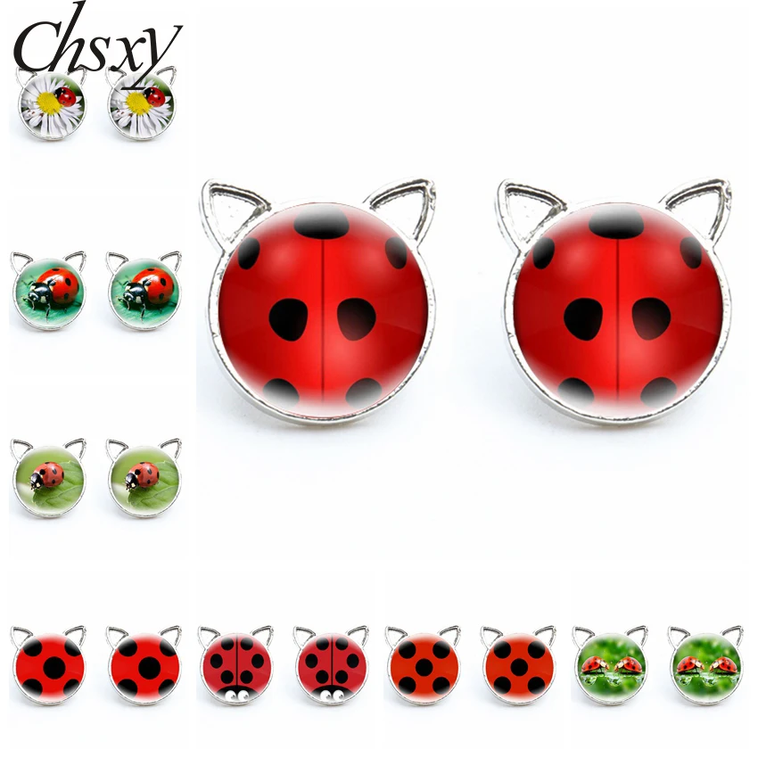 

Stud Earring Cute Ladybbug Cosplay Ladybug Polka Dot Cat Ear Glass Dome Earrings for Women Insect Anime Handmade Jewelry Gifts