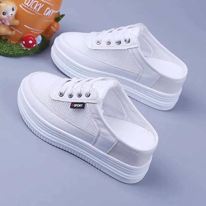 Women's Mesh Half Slippers Surface Hollowed Summer Versatile Student  Outdoor Breathable Closed Toe Mesh Casual Shoes White