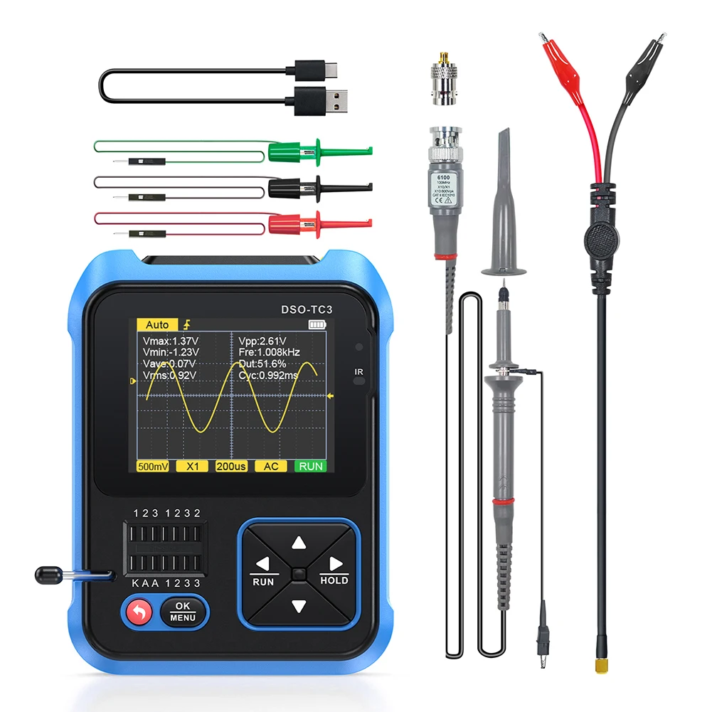 

DSO-TC3 3 In 1 Digital Oscilloscope Transistor Tester 10MSA/s Sampling Rate 500kHz Bandwidth Diode LCR Detect Signal Generator