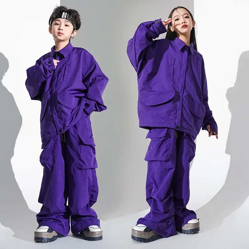 Фото Детская одежда в стиле K-pop и хип-хоп: фиолетовая легкая куртка, широкие брюки карго для девочек и мальчиков, костюм для джазовых танцев №2