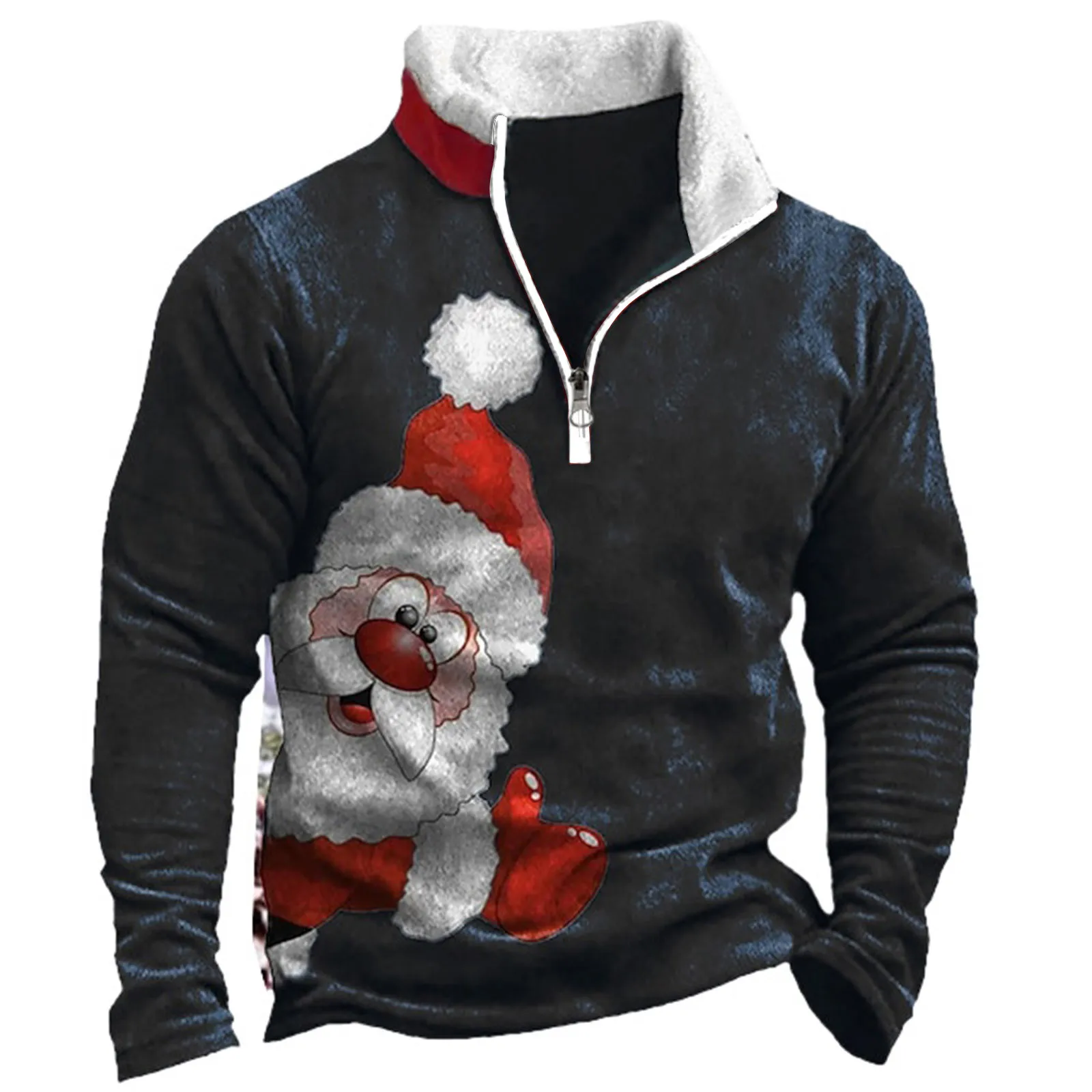 

Mens Fashion Casual Autumn And Winter Christmas Printed Fleece Hoodless Zipper Long Sleeve Shirt Hoodless Vintage Oversized