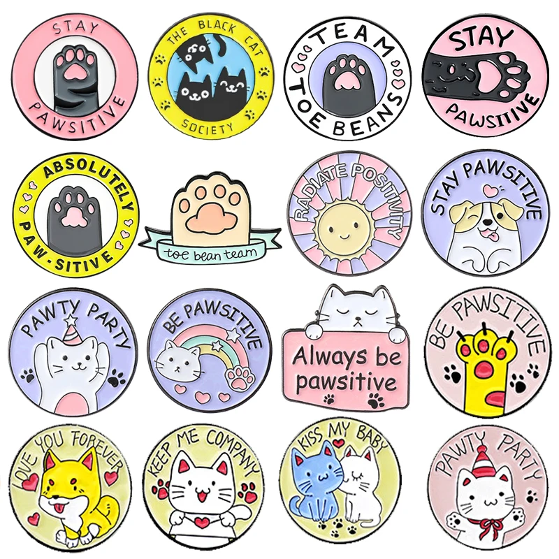 

Cute Cat Paws Enamel Pins Round Stay Pawsitive Brooches Cartoon Animal Lapel Badges Backpack Jewelry Accessories Gift For Kids