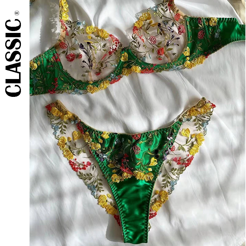

Classic Luxury Lace Underwear Women 2pcs Flower Embroidery Sexy Fairy Suit Transparent Bra Exquisite Underwear Bilizna Suit