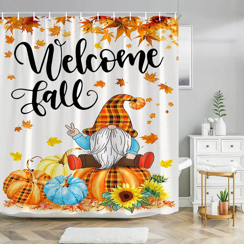 

Happy Fall Shower Curtain for Bathroom Decor Autumn Pumpkin Thanksgiving Harvest Rustic Sunflower Farmhouse Maple Bath Curtains