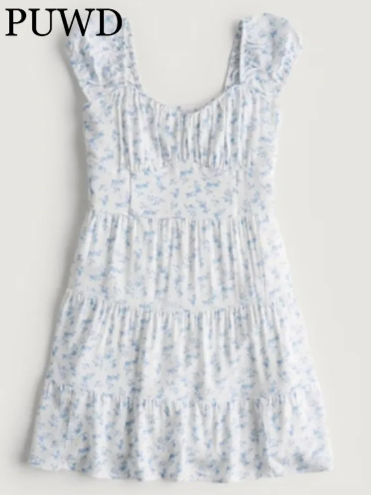 

Женское повседневное мини-платье PUWD, голубое летнее винтажное платье с цветочным принтом, квадратным вырезом и короткими рукавами, 2023
