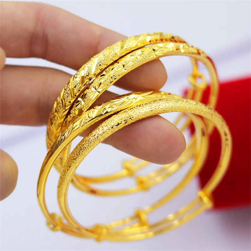 

2pc/set 6mm Dubai Gold Bangles 24K Fashion Lady Bride Luxury Arab Indian Jewelry Ethiopian Bracelete Feminino Party Wedding Gift