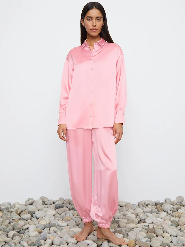 

Linad Loose Women's Nightwear Pink 2 Piece Sets Long Sleeve Pajamas Autumn Casual Trouser Suits Solid Female Sleepwear 2022