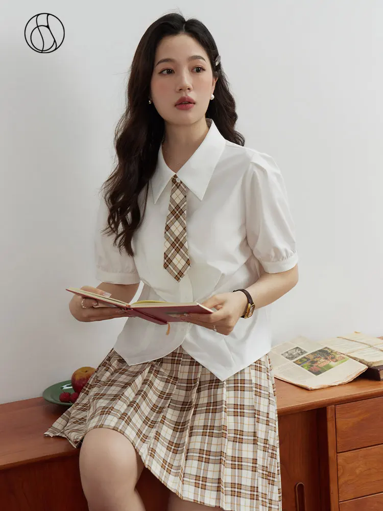 

DUSHU Women Polo Neck Puff Sleeve White Blouse【With Tie】Women Short Shirt Skirt Sets Above-Knee Office Lady College Style Skirts