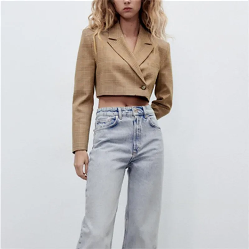 

PB&ZAspring new women's all-match commuter V-shaped lapel long sleeves one button plaid short casual suit short jacket