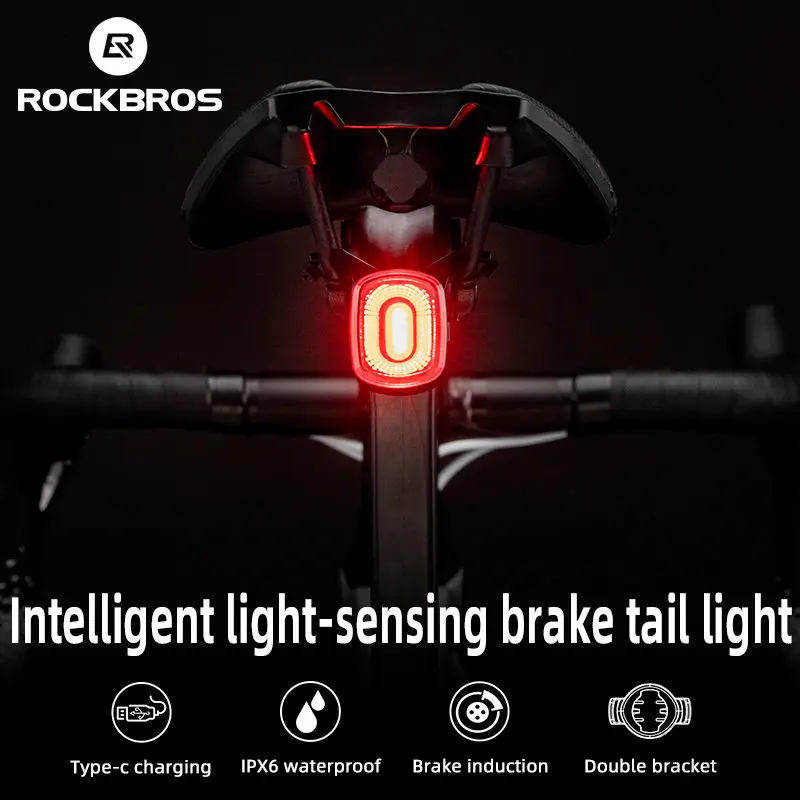 

ROCKBROS Smart Bicycle Brake Light IPx6 Taillight Type-C Bike Tail Rear Light Auto Stop LED Riding Warning Safety Cycling Light