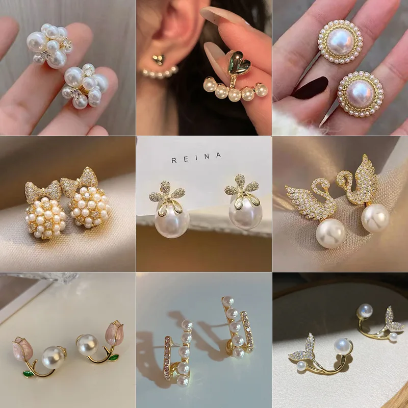 

French Light Luxury Pink Tulip Flower Pearl Stud Earring For Women Korean Zircon Exquisite Earrings Party Christmas Jewelry Gift