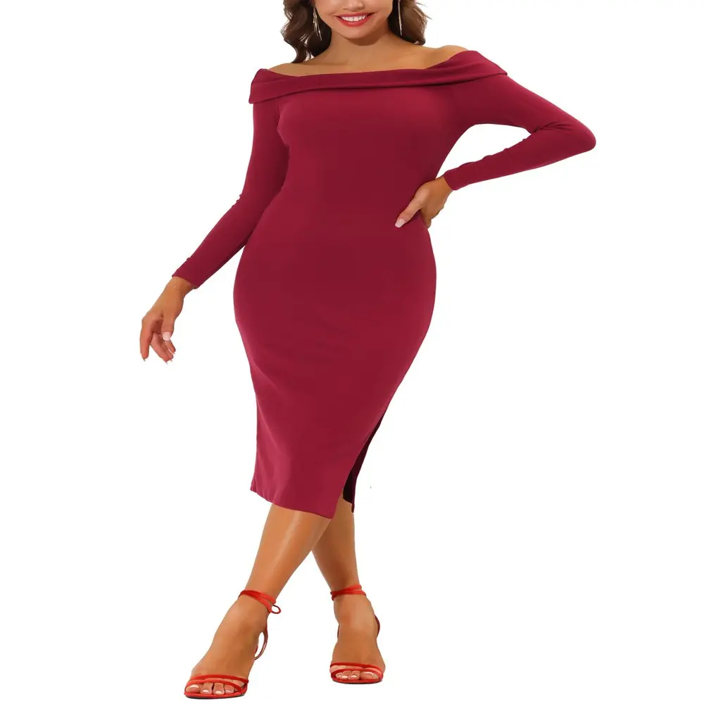 

Women`s Elegant Off Shoulder Knit Ribbed Bodycon Midi Dress