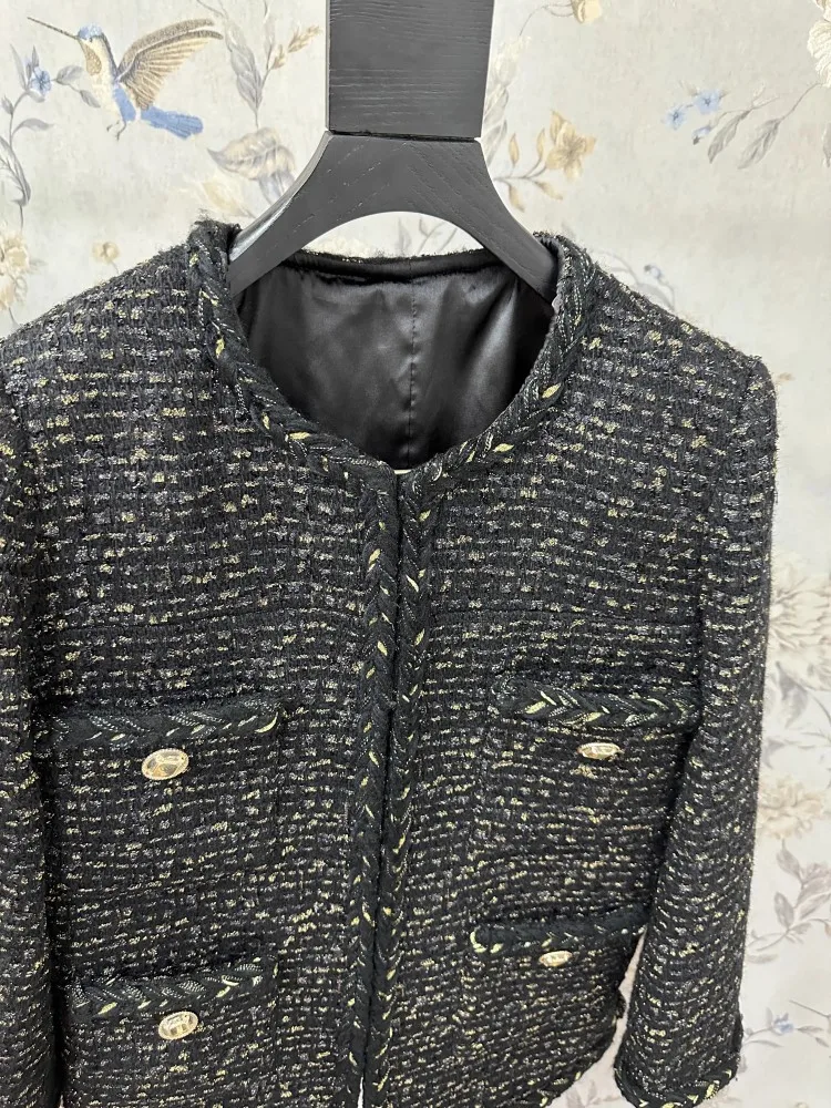 Винтажная женская весенне-осенняя твидовая куртка с круглым вырезом и карманами