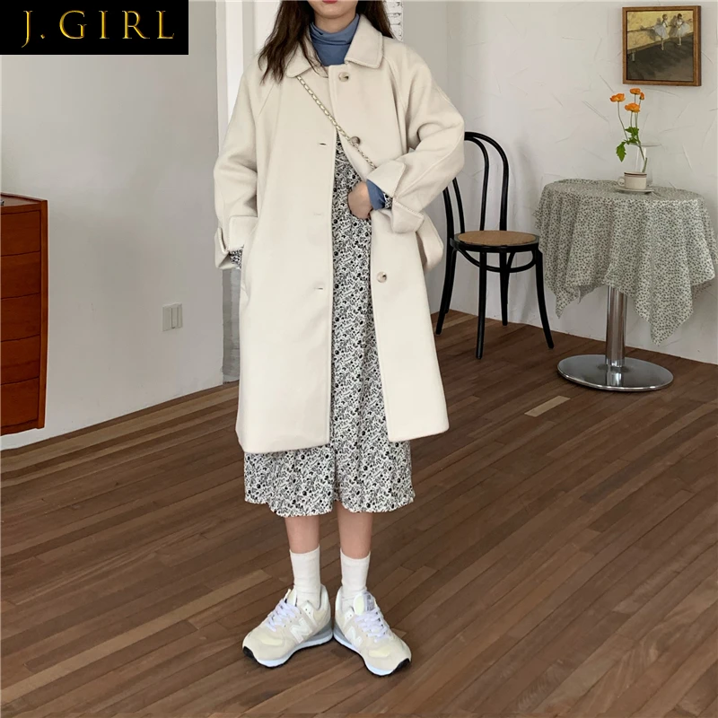 

Women Wool Blends Medium-long Straight Slender Single Breasted Elegant Woolen Coats OL Turn Down Collar Japanese Sweet Overcoats