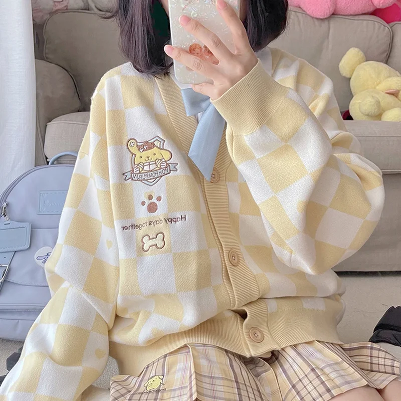 Кавайный мультяшный шахматный вязаный кардиган свитер My Melody Cinnamoroll Kuromi Purin Dog