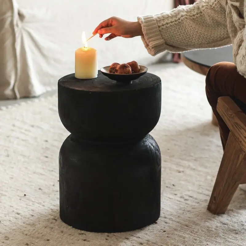 

Wabi-sabi Black Solid Wood Column Tea Table Retro Make Old Home Stay Decorative Sofa Side Table Floor Mounted Large Ornaments