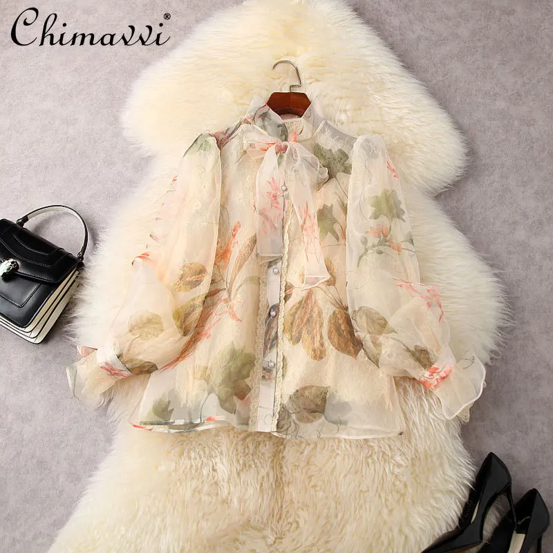 

2022 Spring Summer New Fashion Printed See-through Organza Stitching Lace Flare Sleeve Blouse Loose High-end Shirt Women