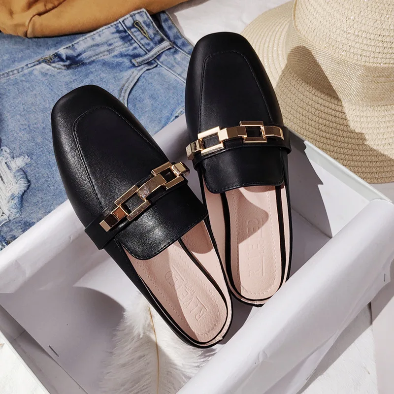 

Fashion Leather Wearing Toe-covered Slippers Women's Spring New Plus Size Mueller Shoes Lazy Half Slippers Flats Ladies Shoes