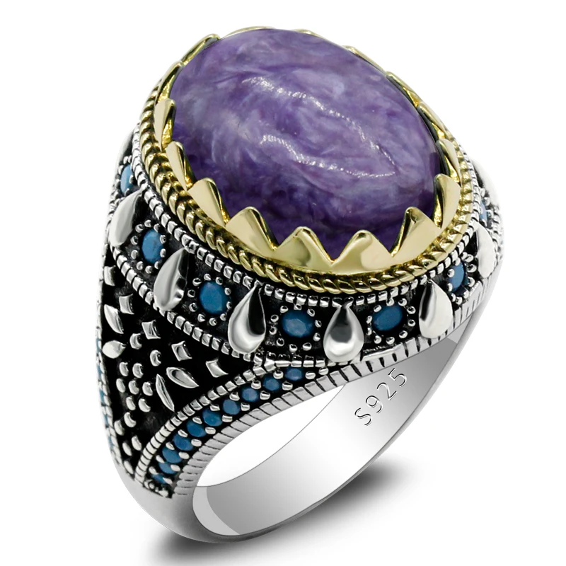 

Turkish Jewelry Men's Natural Eye Purple Dragon Stone 925 Sterling Silver Ring Vintage Turquoise Punk Style Men's Ladies Rings