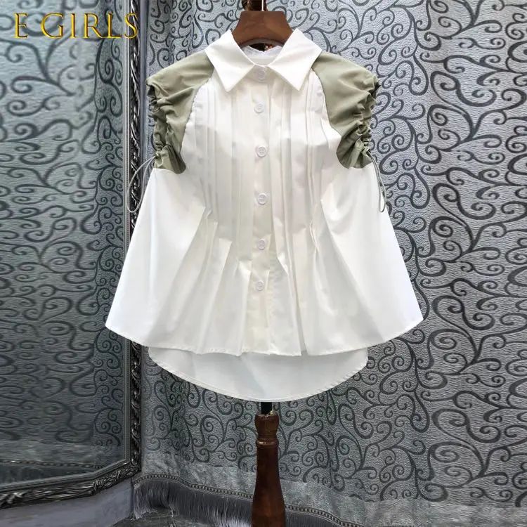 

E GIRLS Chic Contrast Color Women Blouse Fashion Drawstring Sleevless Turn-down Collar Shirt 2022 Summer New Folds Blusas Top