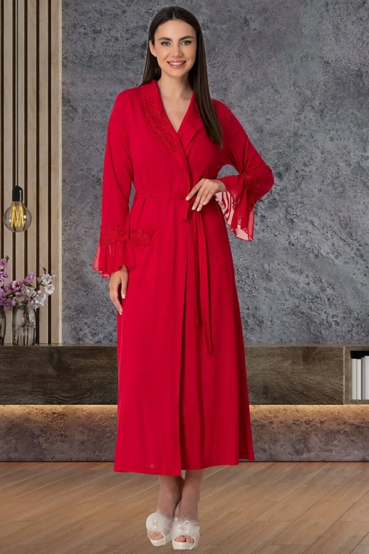 

Dressing Gown Red Lacy Cotton Combed Long Fashion Robe Robe Robe Sexy Peignoir Kimono Bride Sleepwear Night Gown