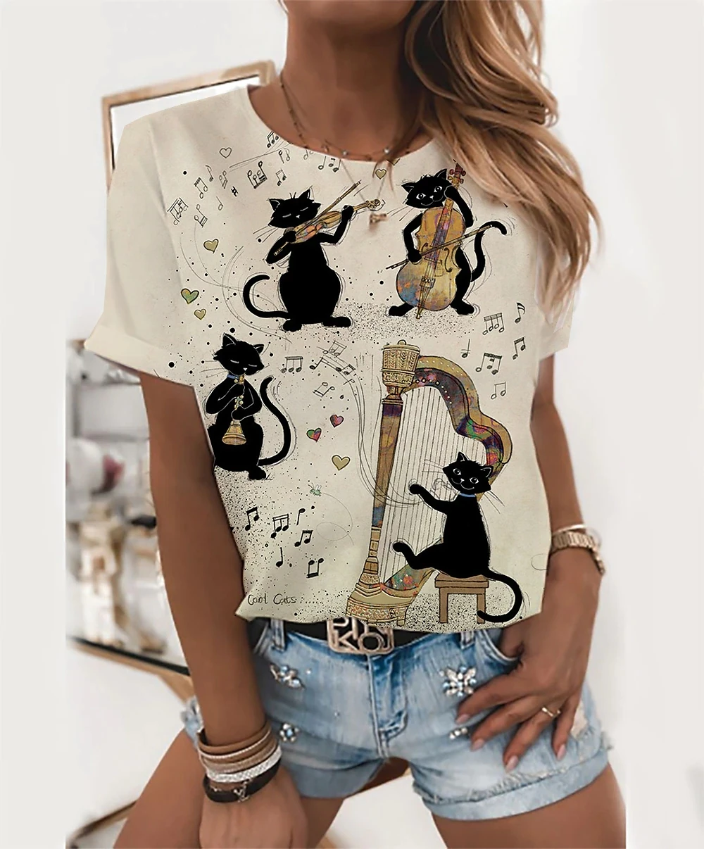 

Women's Clothing Cat T-shirt Short-sleeved Outdoor Streetwear Women's Cloth Tops New Oversized T-shirt Women