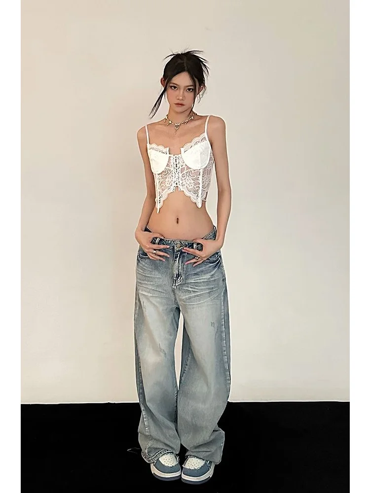 HOUZHOU Y2K Retro Distressed Baggy Jeans Women Vintage 90s Streetwear Oversized Denim Pants Korean Grunge Hippie BF Trousers