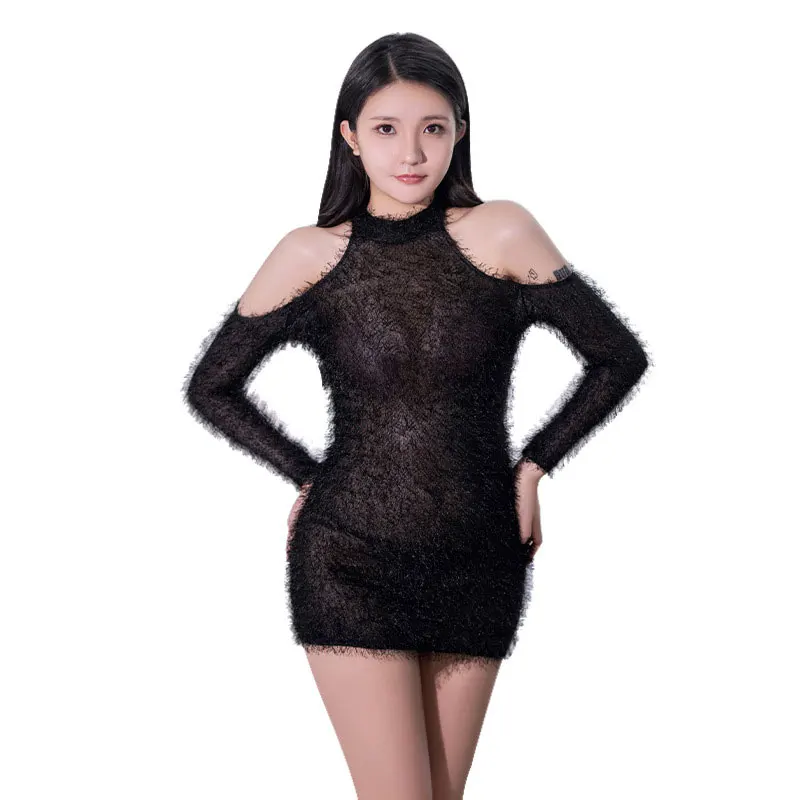 Сексуальное платье с открытыми плечами облегающее из плюша прозрачное длинными