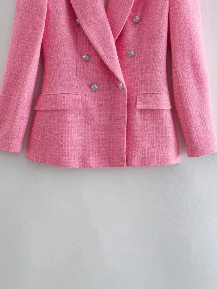 Maxdutti Retro Texture Pink Color Double Breasted Casual Blazers Women England Style Fashion Jacket